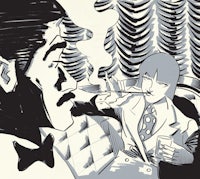 a black and white drawing of a man smoking a cigarette