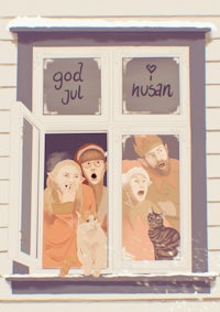 a group of people and a cat sitting in a window