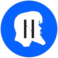 a silhouette of a man with a beard in a blue circle