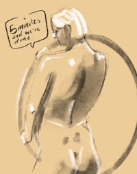 a drawing of a nude woman with a speech bubble